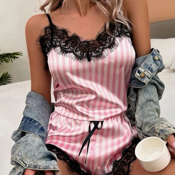 Satin Striped Top and Shorts Pajama Sleepwear Set - Picture 1 of 8